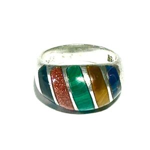 Vintage Mexican 925 Sterling Silver Gemstone Inlay Dome Ring - Size 6.5
